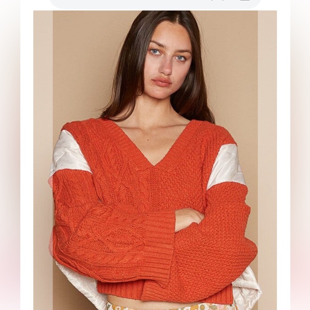 🆕 POL Cable Knit Quilting Patch V-Neck Contrast Sweater NWOT